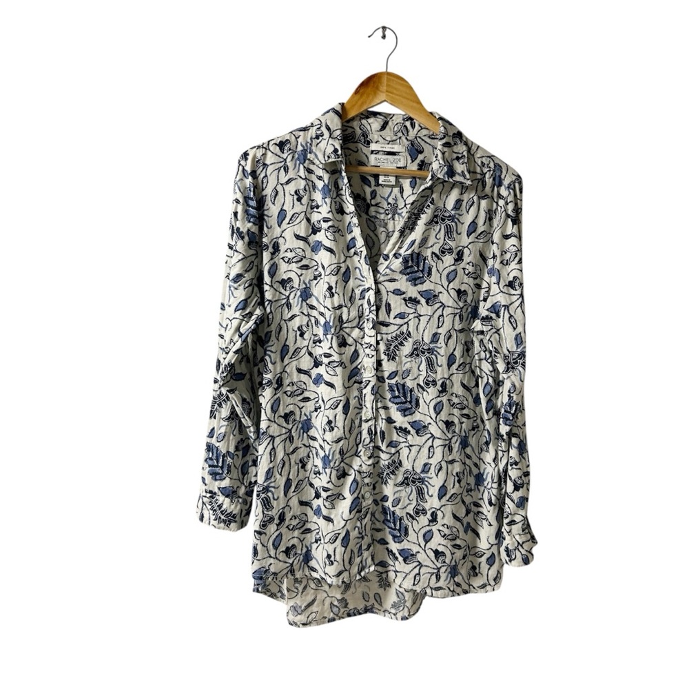 100% Linen Rachel Zoe Blue/Gray Floral Shirt Long Sleeves Roll Tab Buttons Sz M - Picture 2 of 10